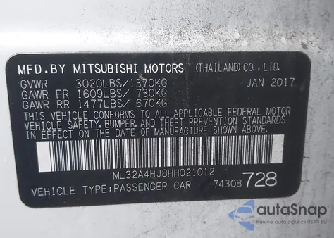 2017 Mitsubishi Mirage Se from USA, damaged, VIN ML32A4HJ8HH021012